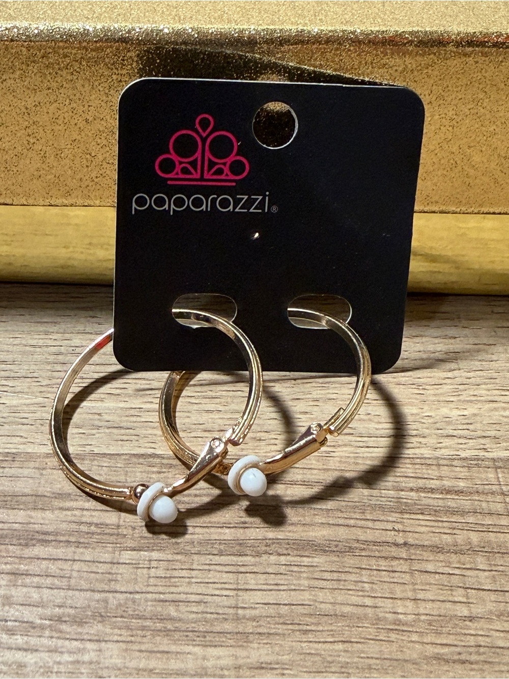 paparazzi Gold Hoop Earrings with White Bead Accent